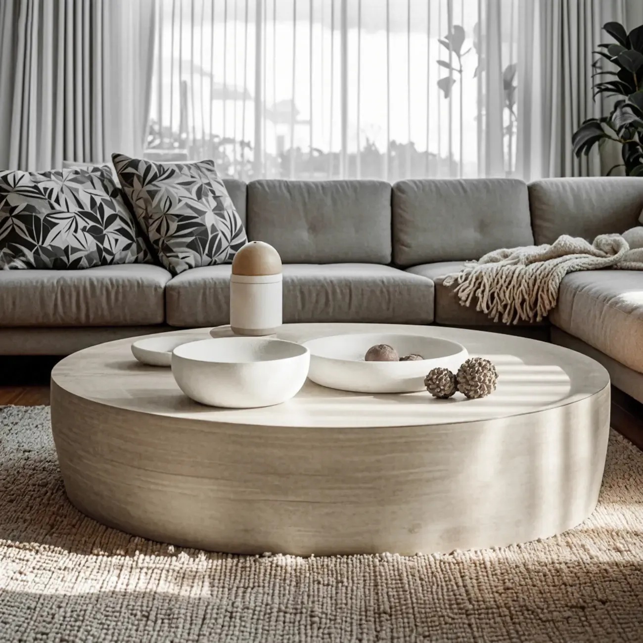 Modern Beige Travertine Marble Round Tray Coffee Table Image - 1