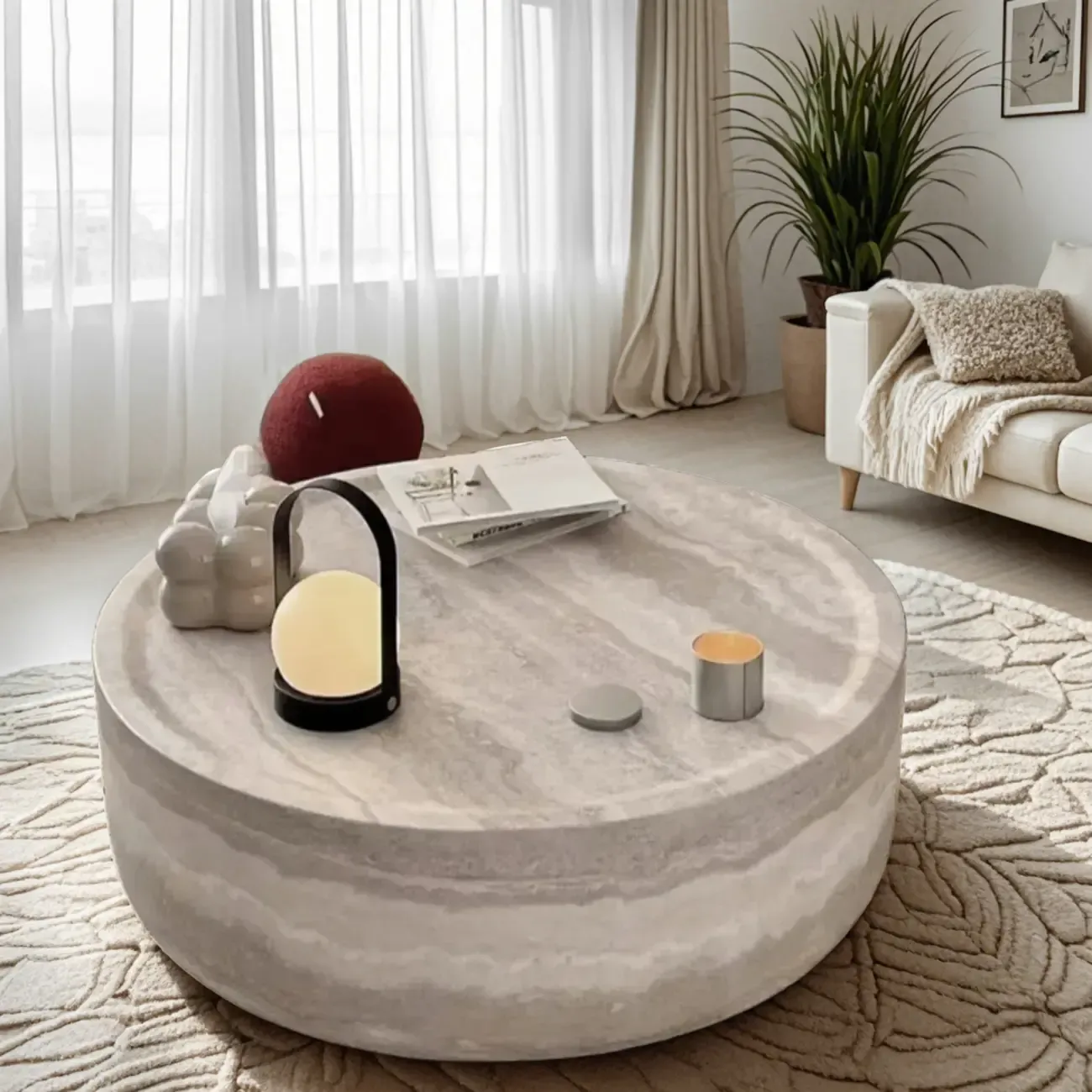 Modern Beige Travertine Marble Round Tray Coffee Table Image - 2