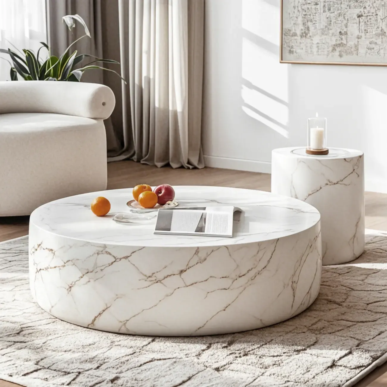 Modern Beige Travertine Marble Round Tray Coffee Table Image - 3