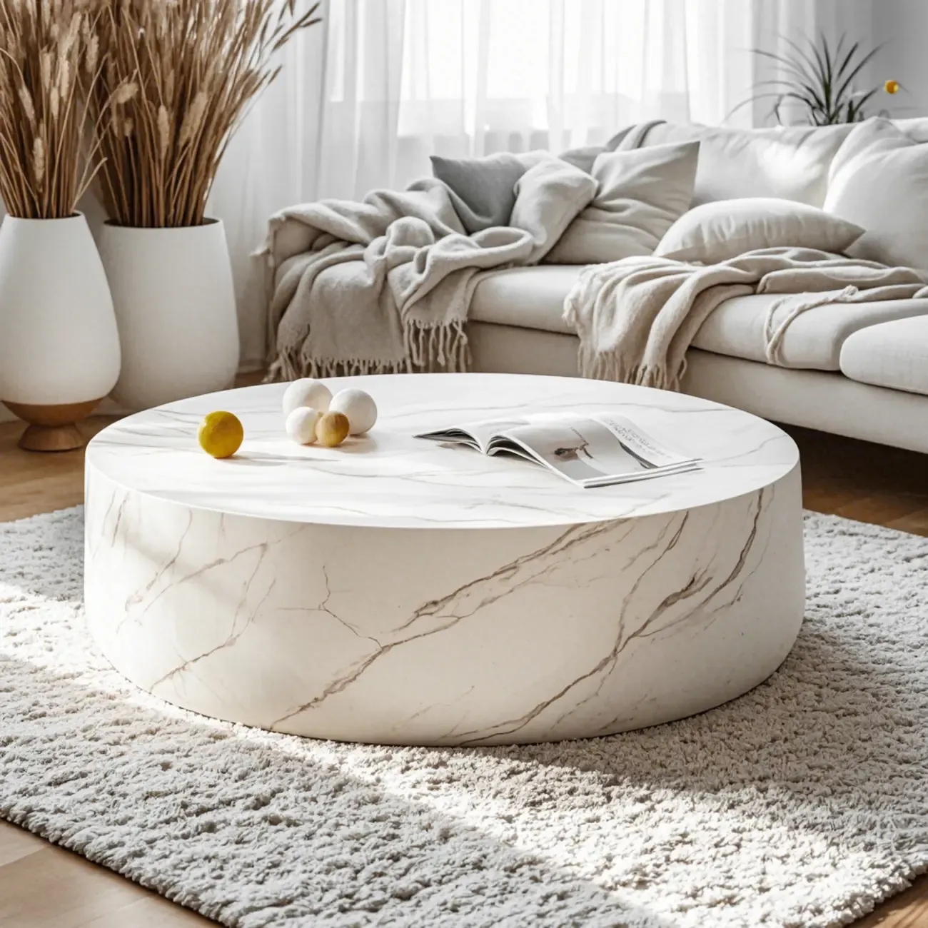 Modern Beige Travertine Marble Round Tray Coffee Table Image - 4