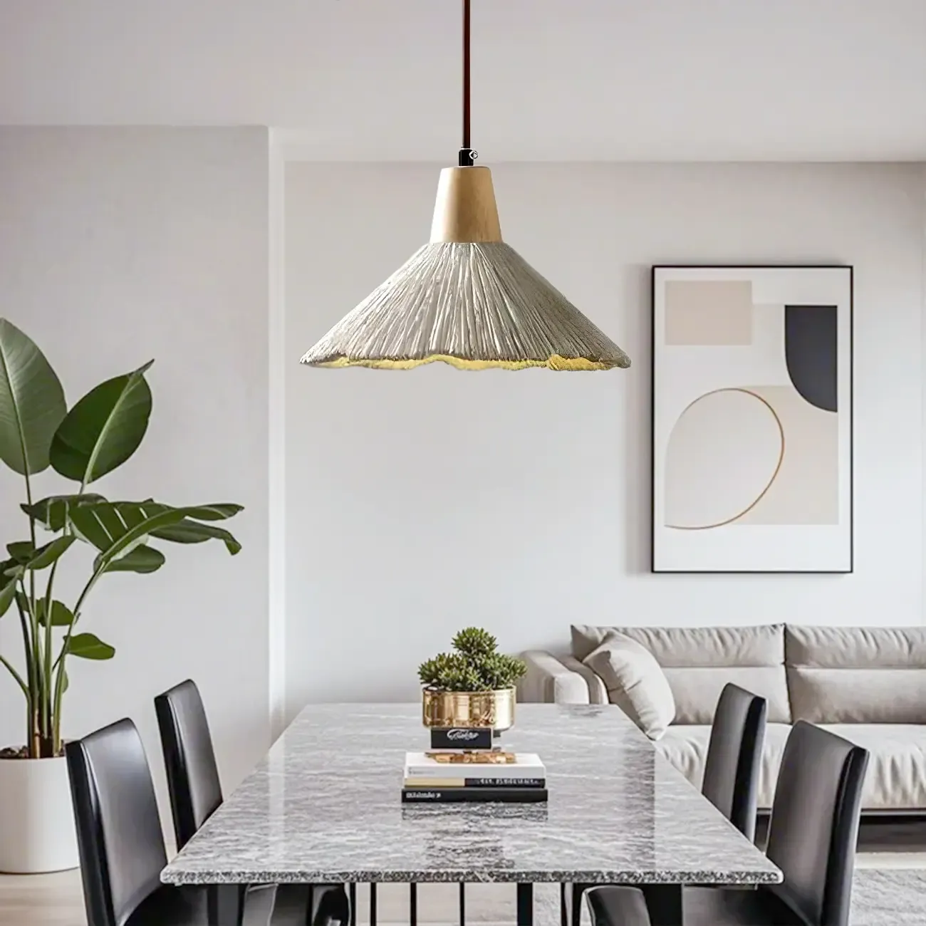 Gray Wood Pendant Lamp with Ginkgo Leaf Texture for Living Room Image - 1