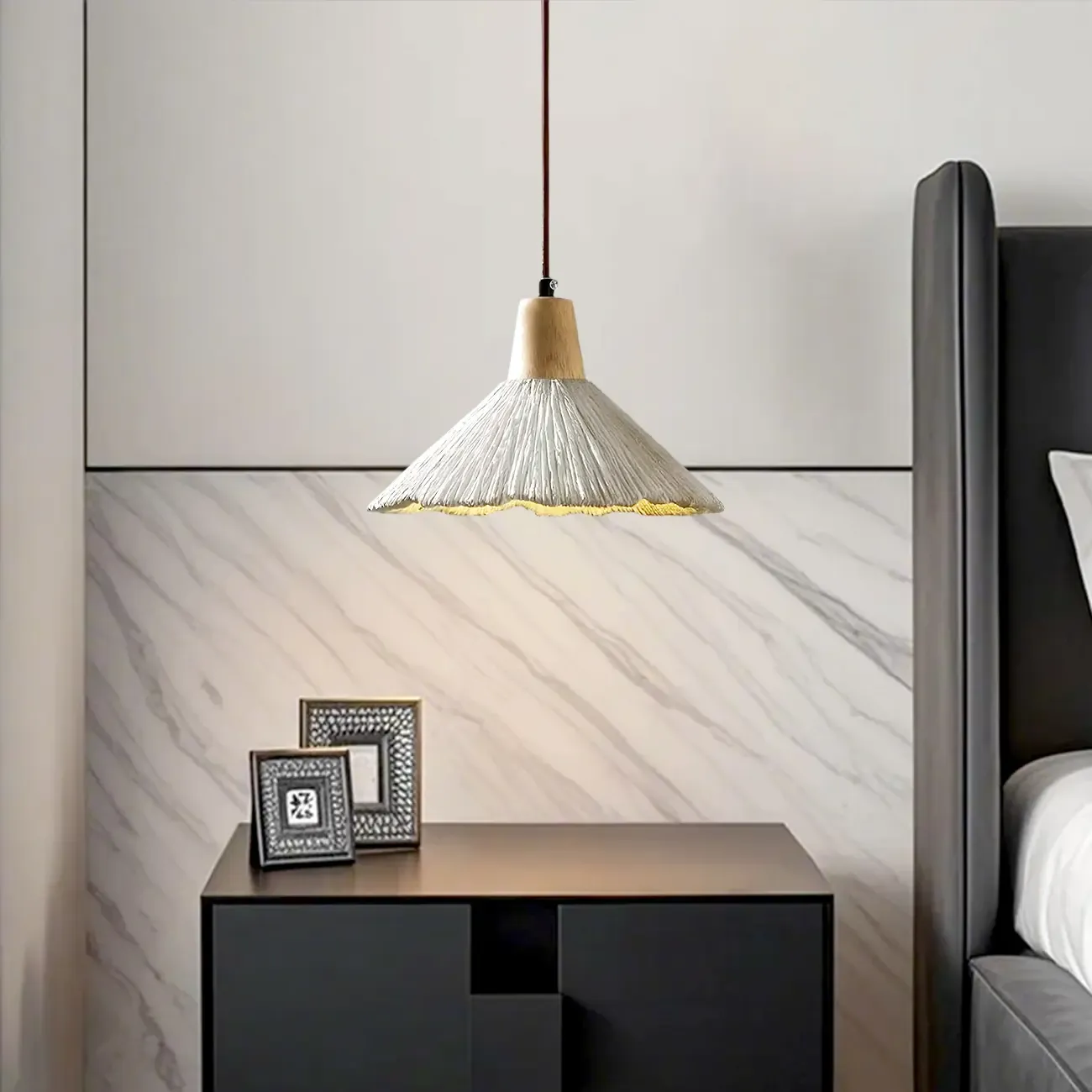 Gray Wood Pendant Lamp with Ginkgo Leaf Texture for Living Room Image - 4