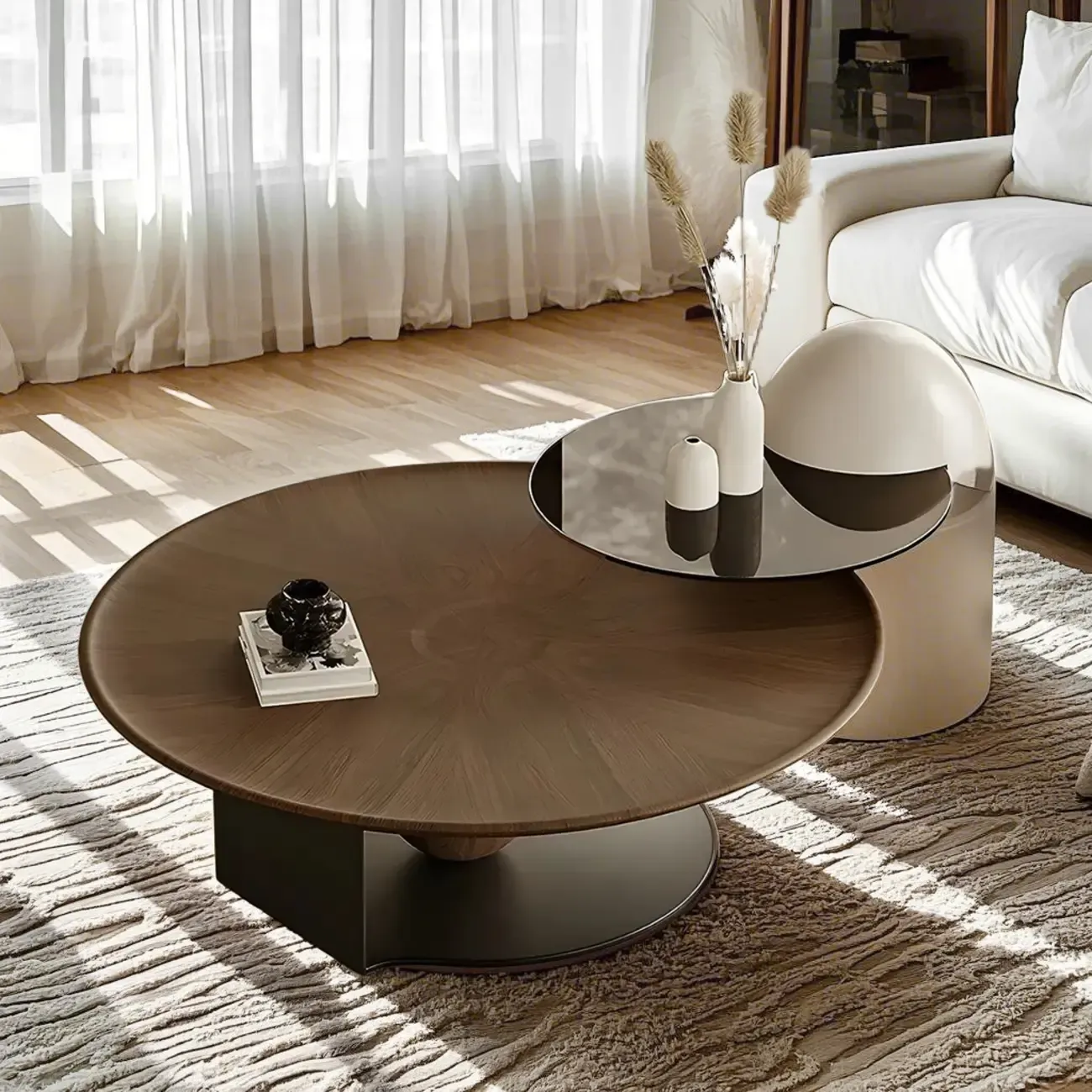 Brown Round Metal Base Wooden Coffee Table Image - 2