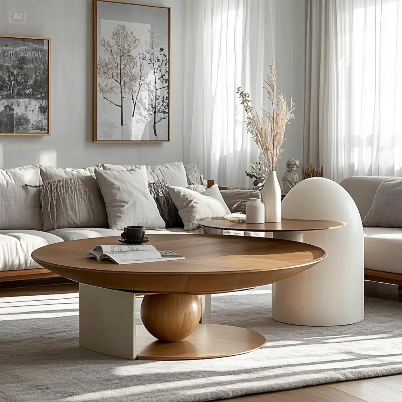 Brown Round Metal Base Wooden Coffee Table Image - 1 | homeyfad