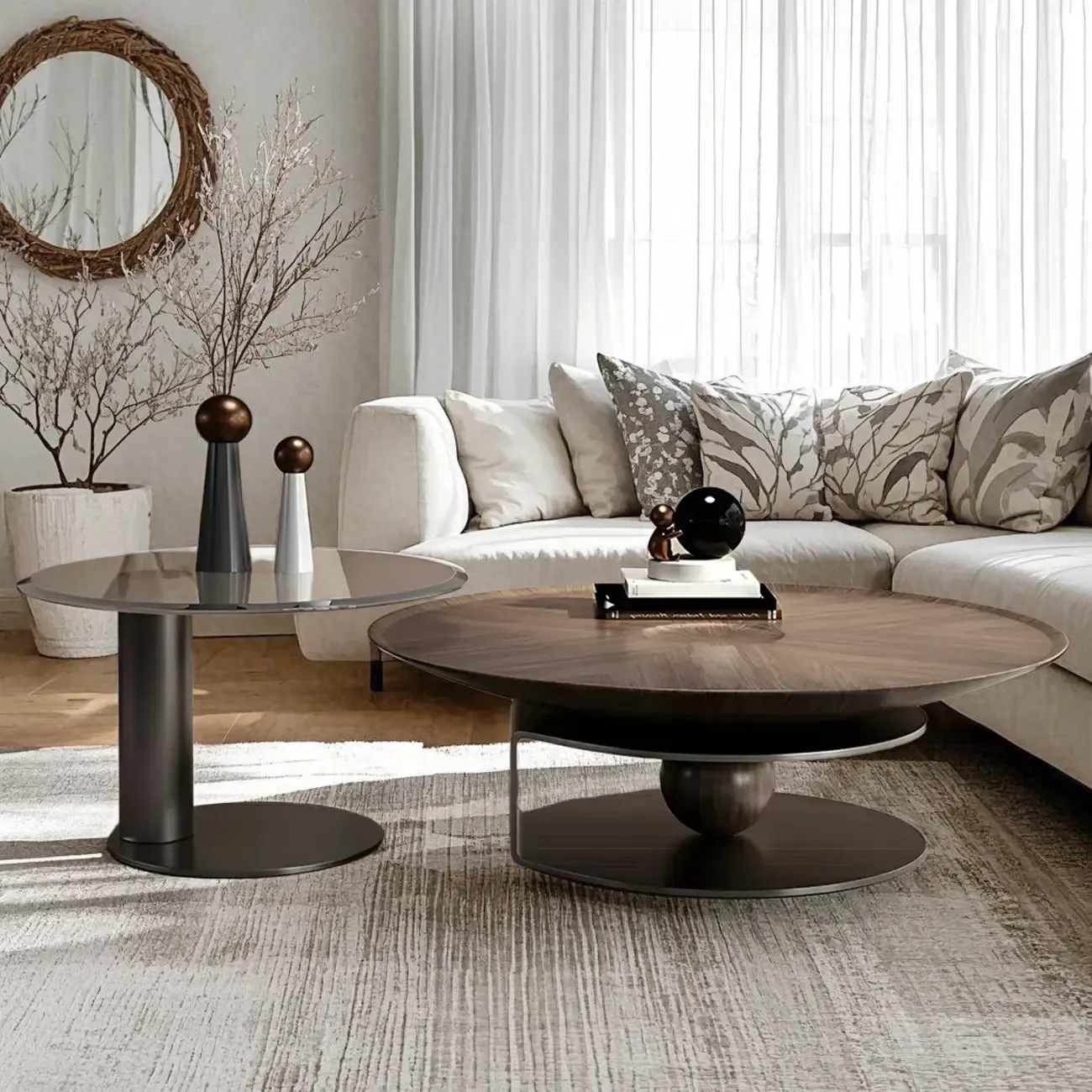 Brown Round Metal Base Wooden Coffee Table Image - 4