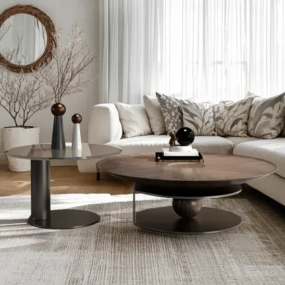 Brown Round Metal Base Wooden Coffee Table Image - 4