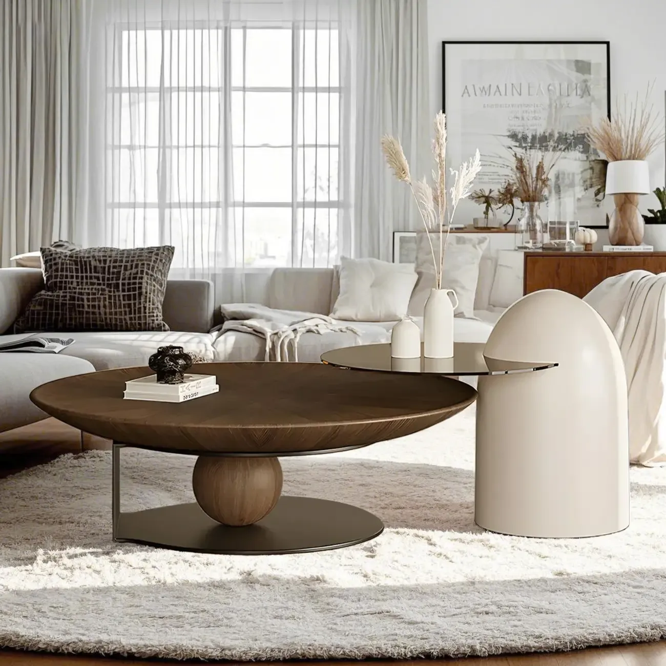 Brown Round Metal Base Wooden Coffee Table Image - 3