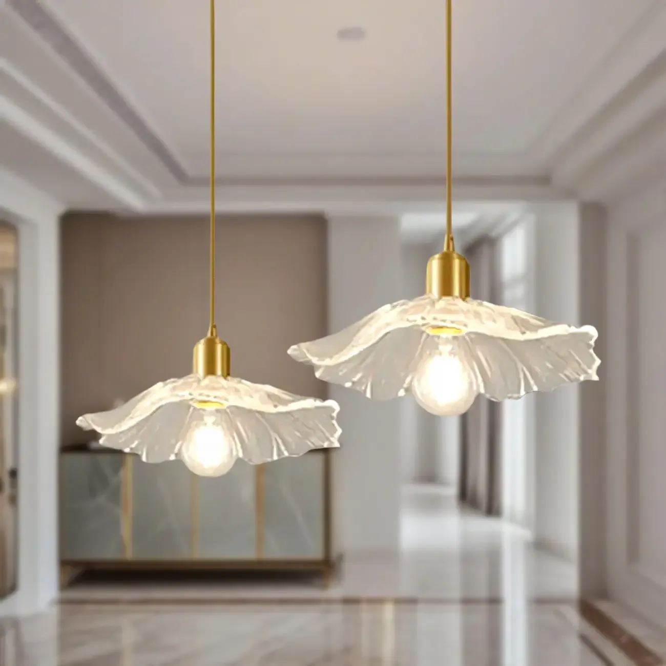 Modern Clear Glass Daisy Pendant Light with Golden Hardware Image - 2