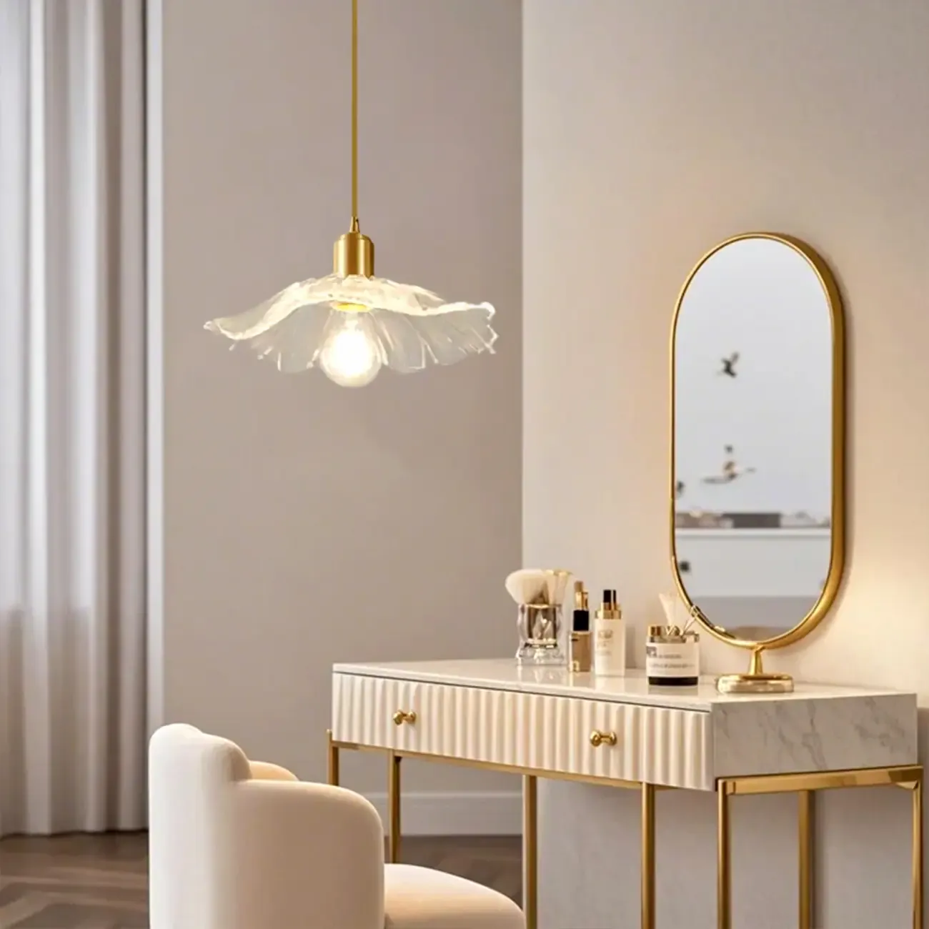 Modern Clear Glass Daisy Pendant Light with Golden Hardware Image - 3