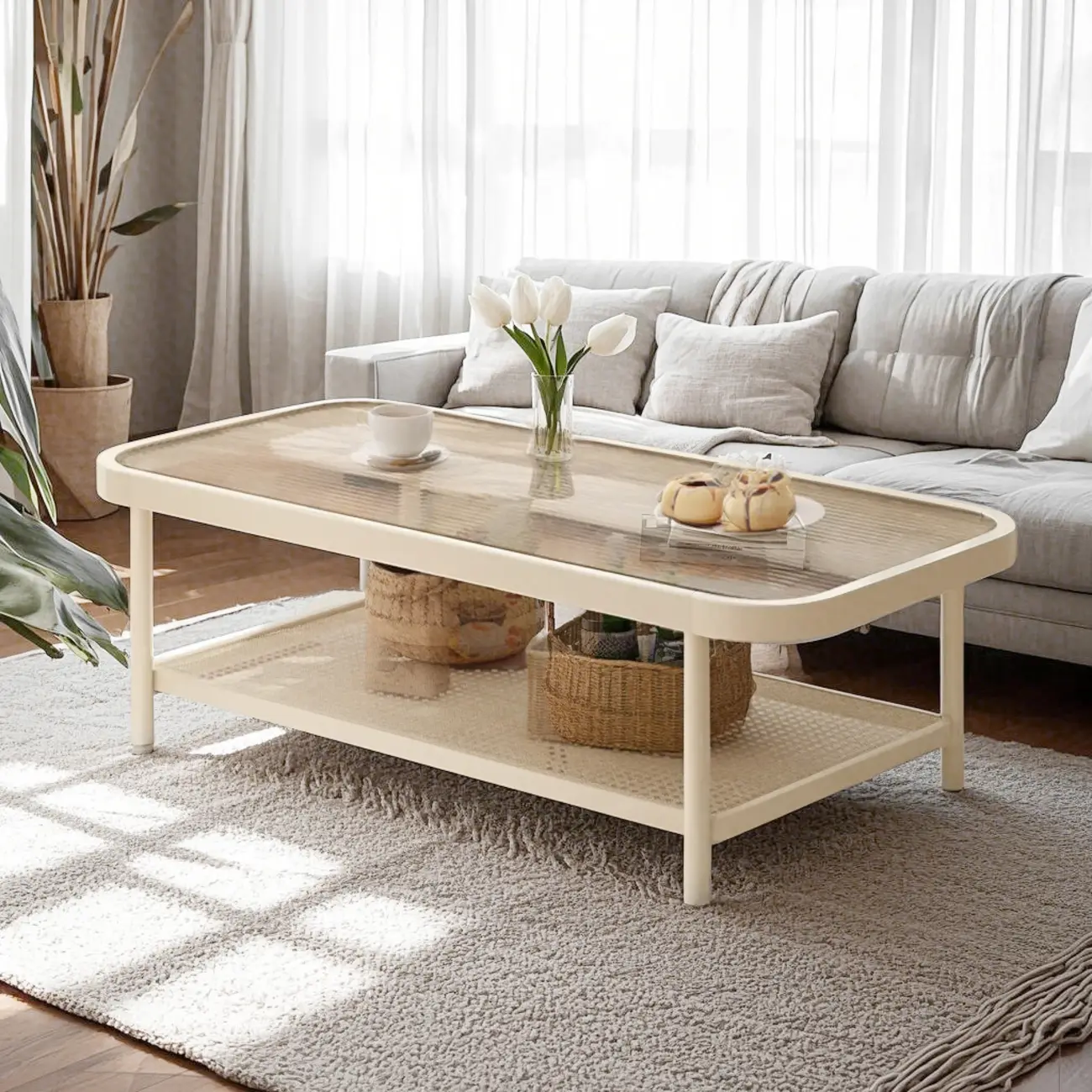 2-Tier Modern Cream Rectangle Glass Coffee Table Image - 1 | homeyfad