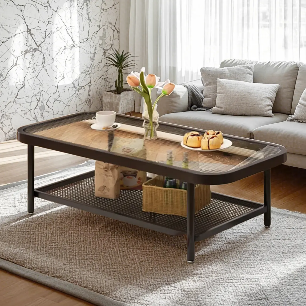 2-Tier Modern Cream Rectangle Glass Coffee Table Image - 3 | homeyfad