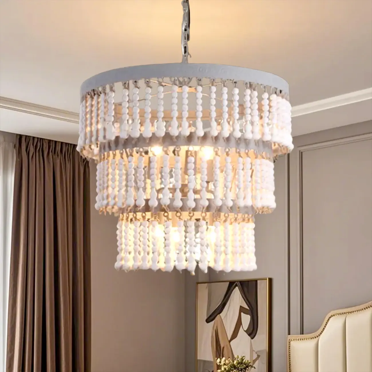 3 Tiers White Wood Beaded Chandelier with Elegant Design Image - 1 | homeyfad