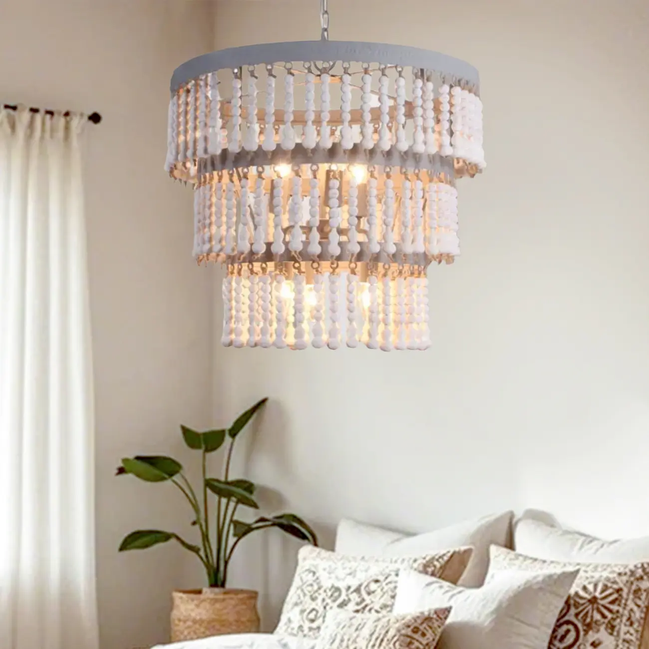 3 Tiers White Wood Beaded Chandelier with Elegant Design Image - 2 | homeyfad