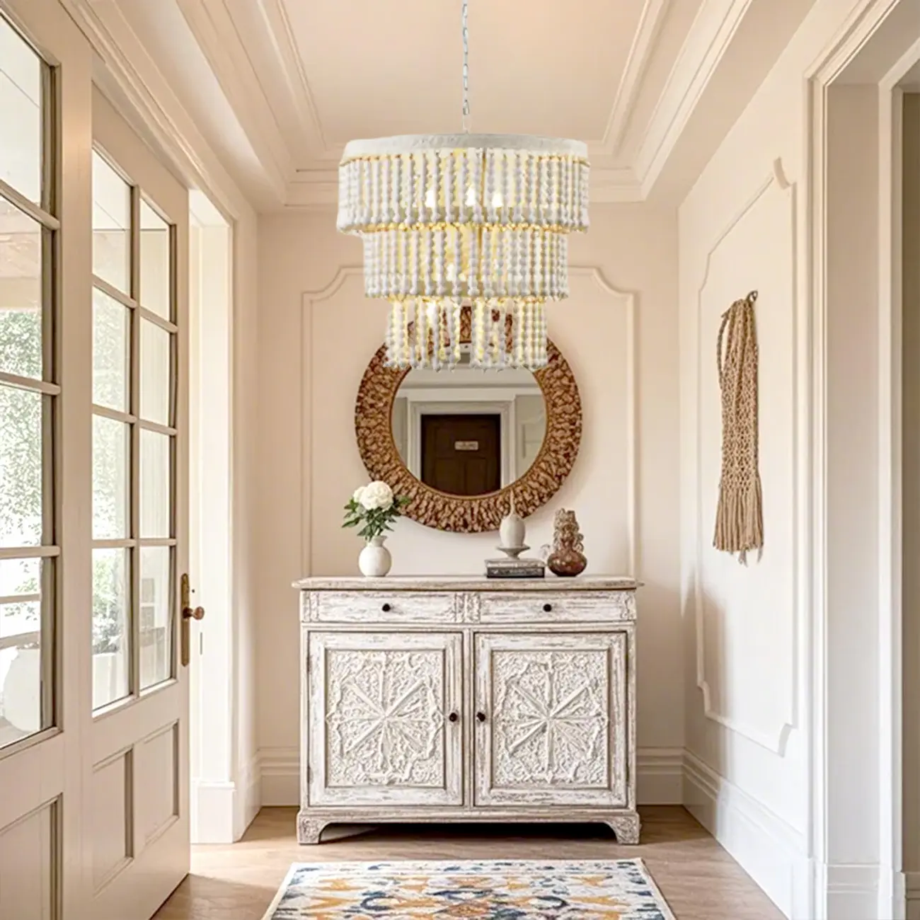 3 Tiers White Wood Beaded Chandelier with Elegant Design Image - 3 | homeyfad