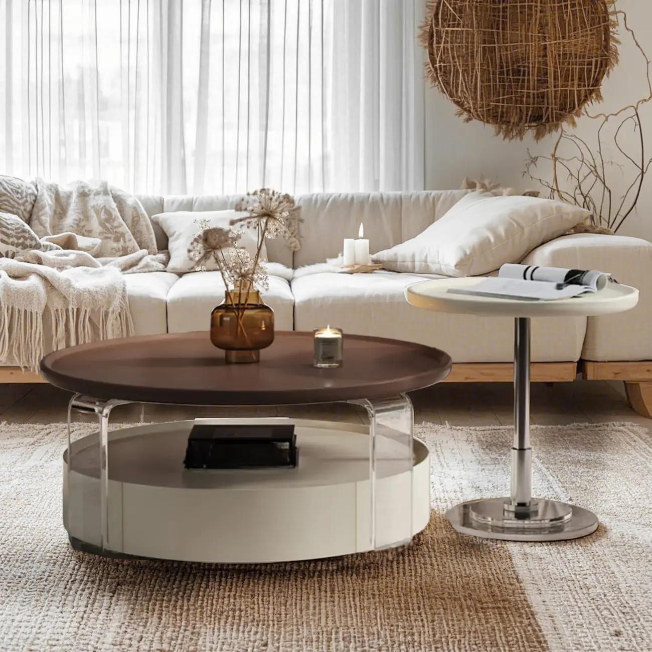 Brown Round Sleek Wooden Coffee Drawer Table Image - 1 | homeyfad