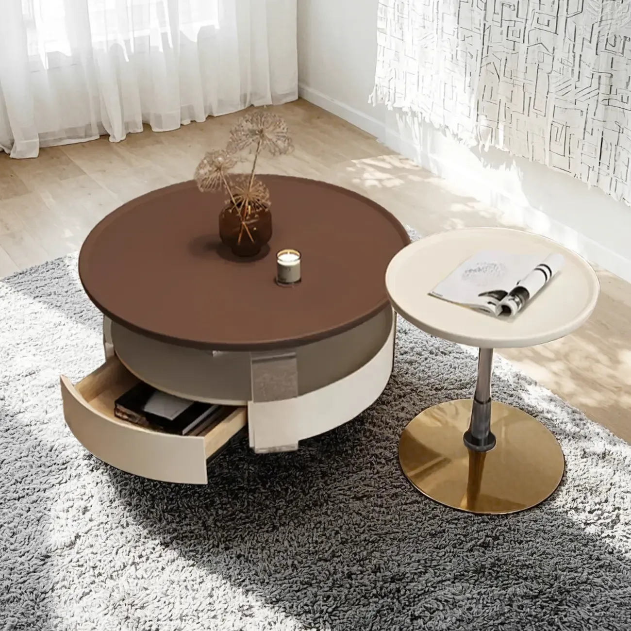 Brown Round Sleek Wooden Coffee Drawer Table Image - 2