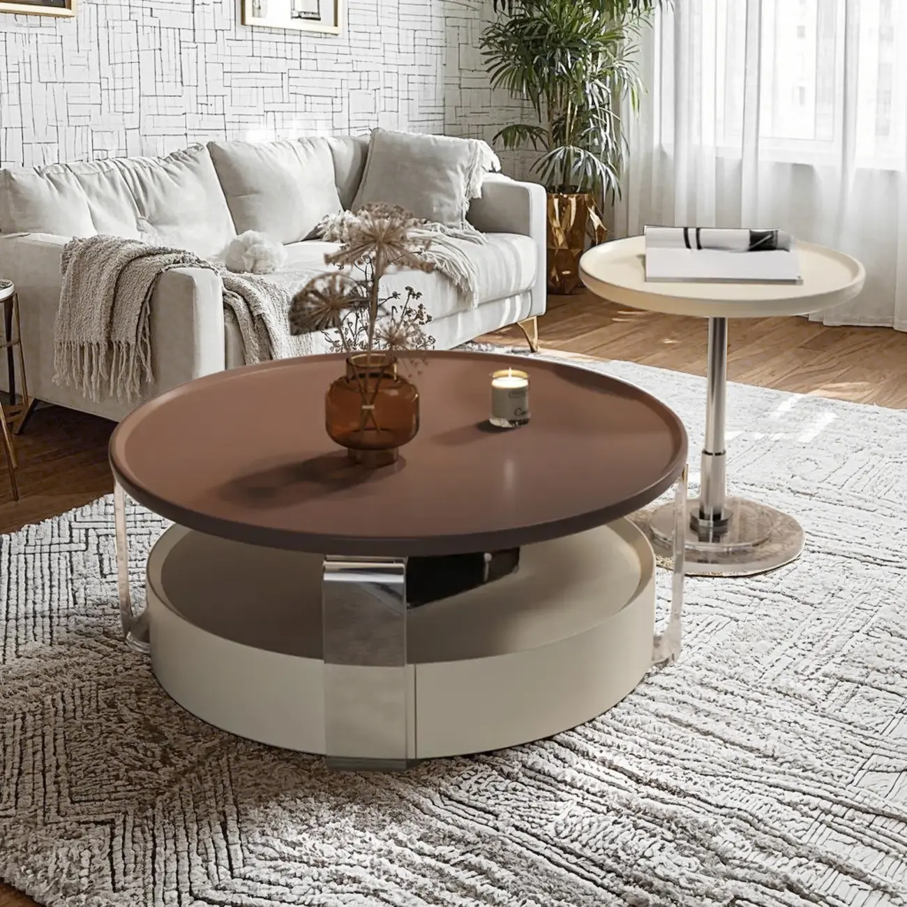 Brown Round Sleek Wooden Coffee Drawer Table Image - 3 | homeyfad