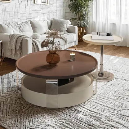 Brown Round Sleek Wooden Coffee Drawer Table Image - 3