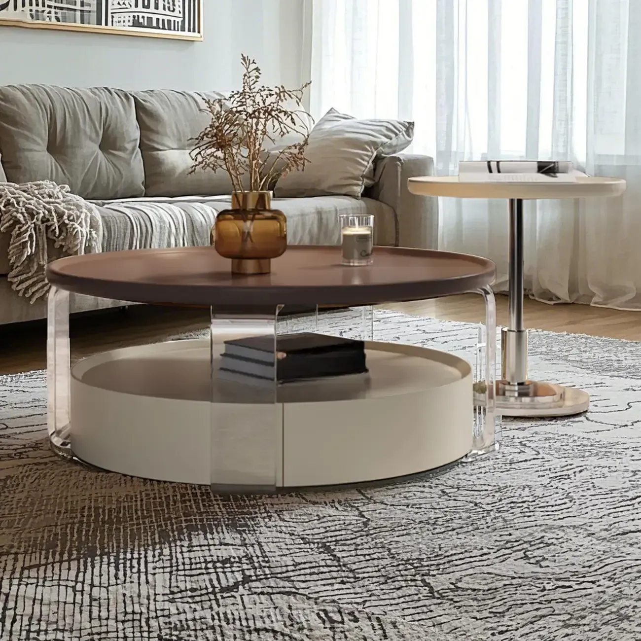 Brown Round Sleek Wooden Coffee Drawer Table Image - 4