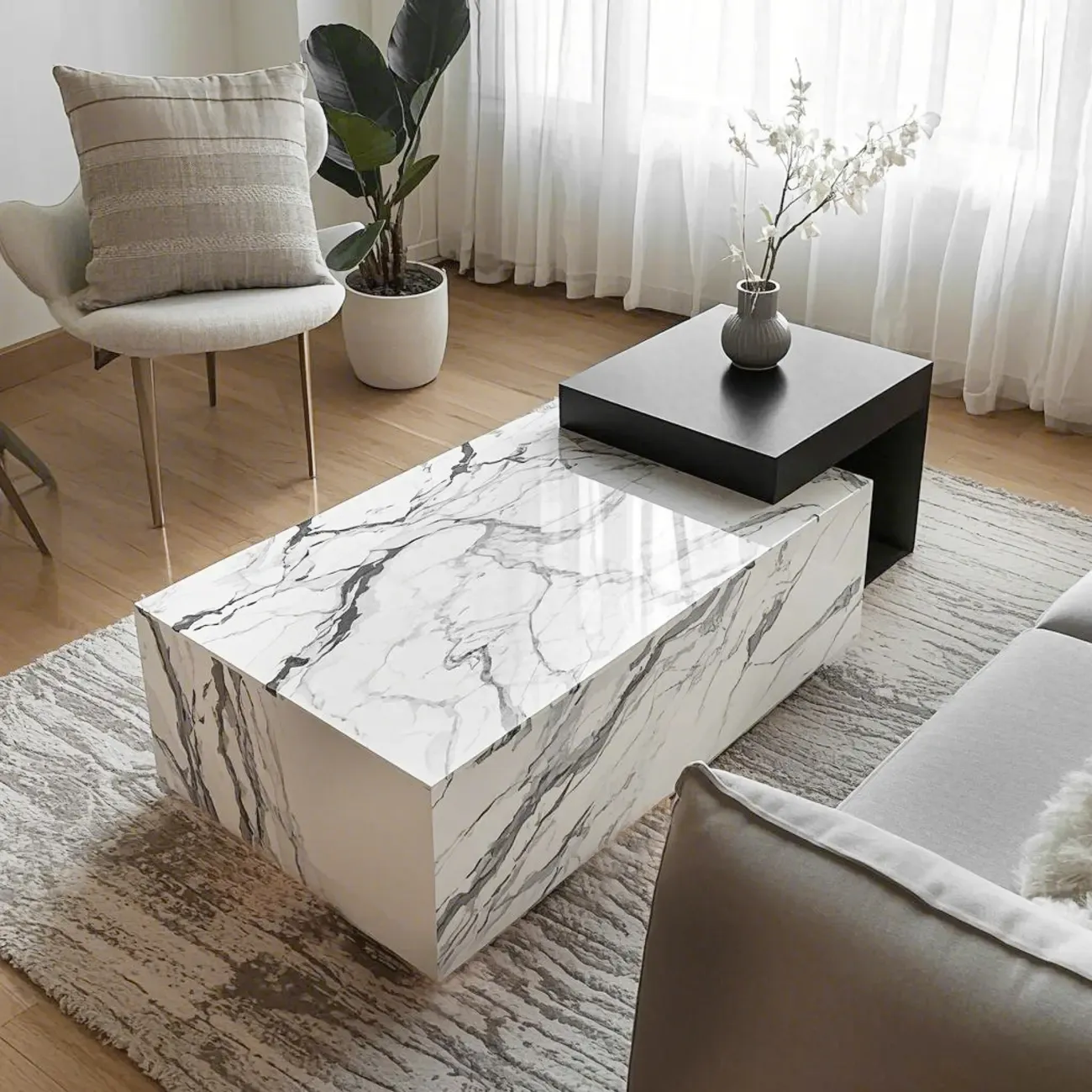 Modern Faux Marble Ivory Rectangular Coffee Table Image - 1