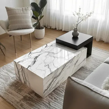Modern Faux Marble Ivory Rectangular Coffee Table Image - 1