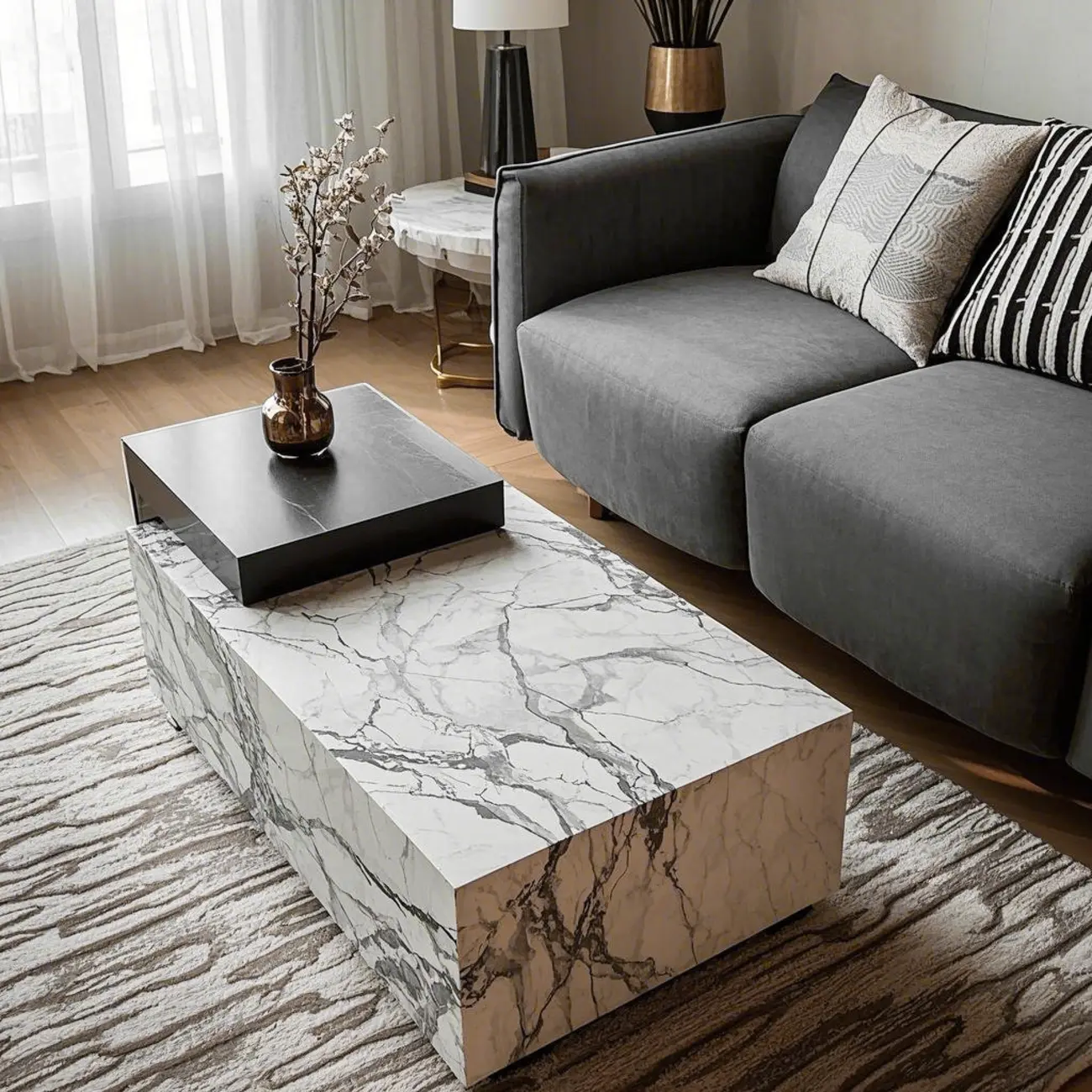 Modern Faux Marble Ivory Rectangular Coffee Table Image - 2 | homeyfad