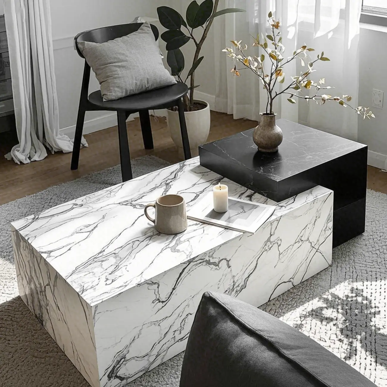 Modern Faux Marble Ivory Rectangular Coffee Table Image - 4 | homeyfad
