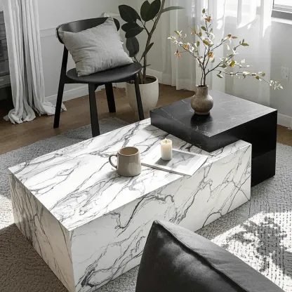Modern Faux Marble Ivory Rectangular Coffee Table Image - 4