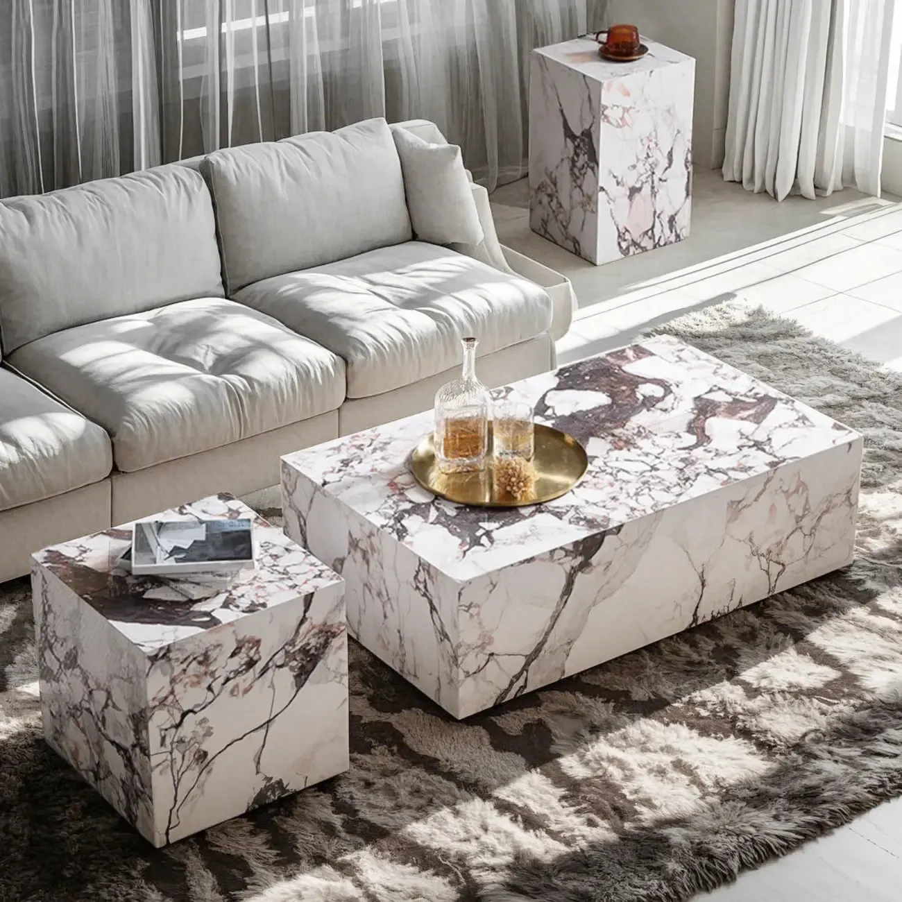 Sleek Sintered Stone Block Base Side Coffee Table Image - 2