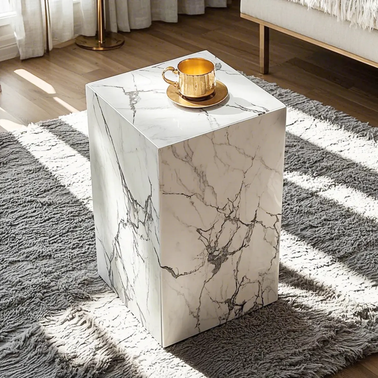 Sleek Sintered Stone Block Base Side Coffee Table Image - 3