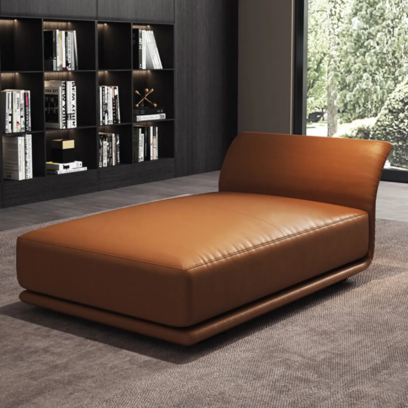 Classic Orange Leather Armless Chaise Lounge with Cushions Image - 2 | homeyfad