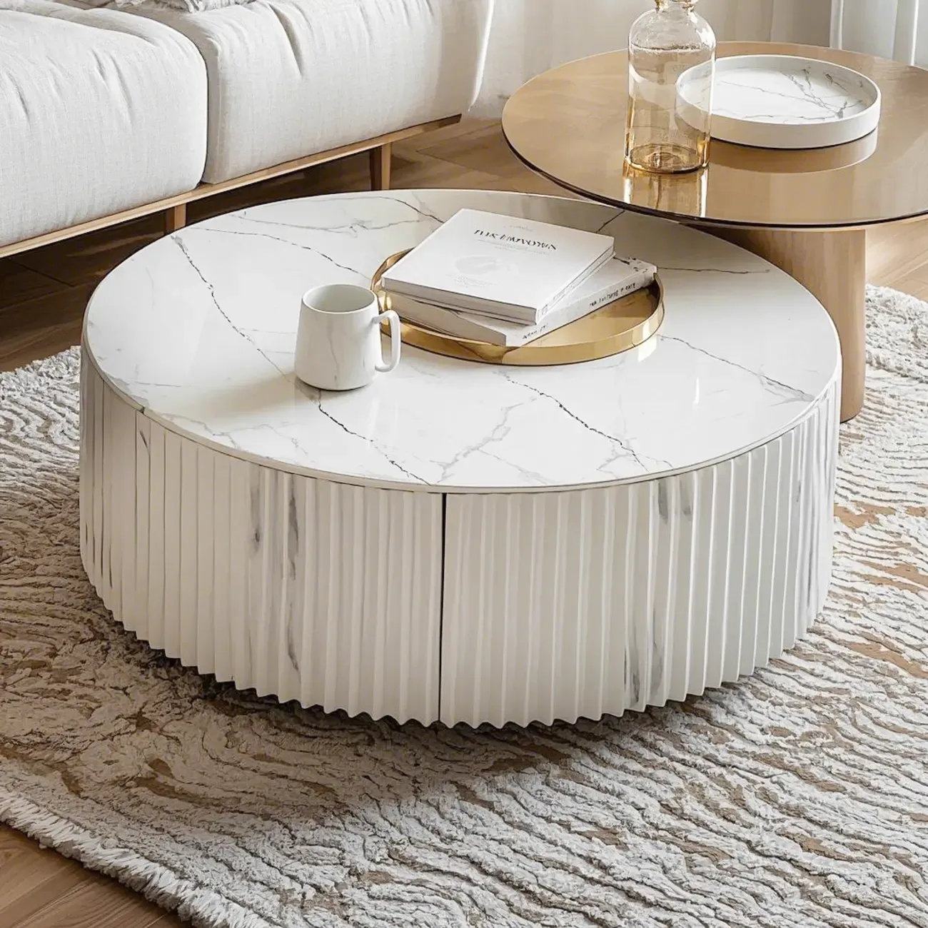 White Drum Round Wood Coffee Table with Storage Image - 3
