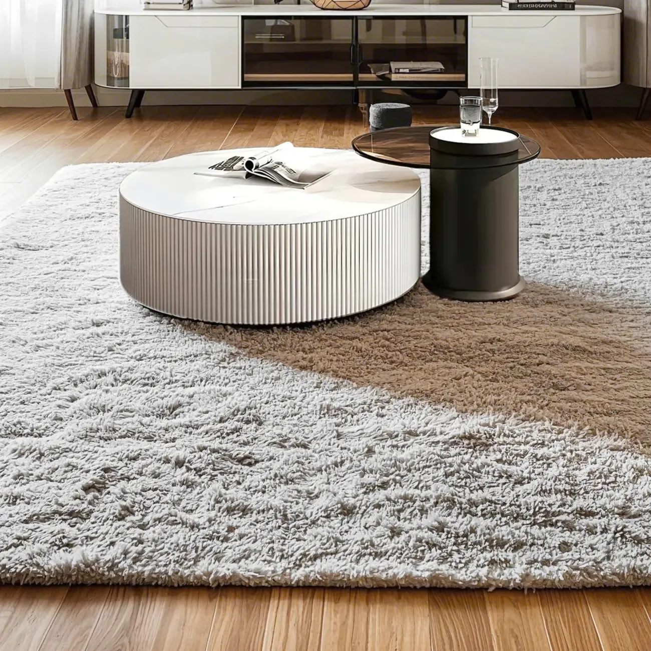White Drum Round Wood Coffee Table with Storage Image - 4