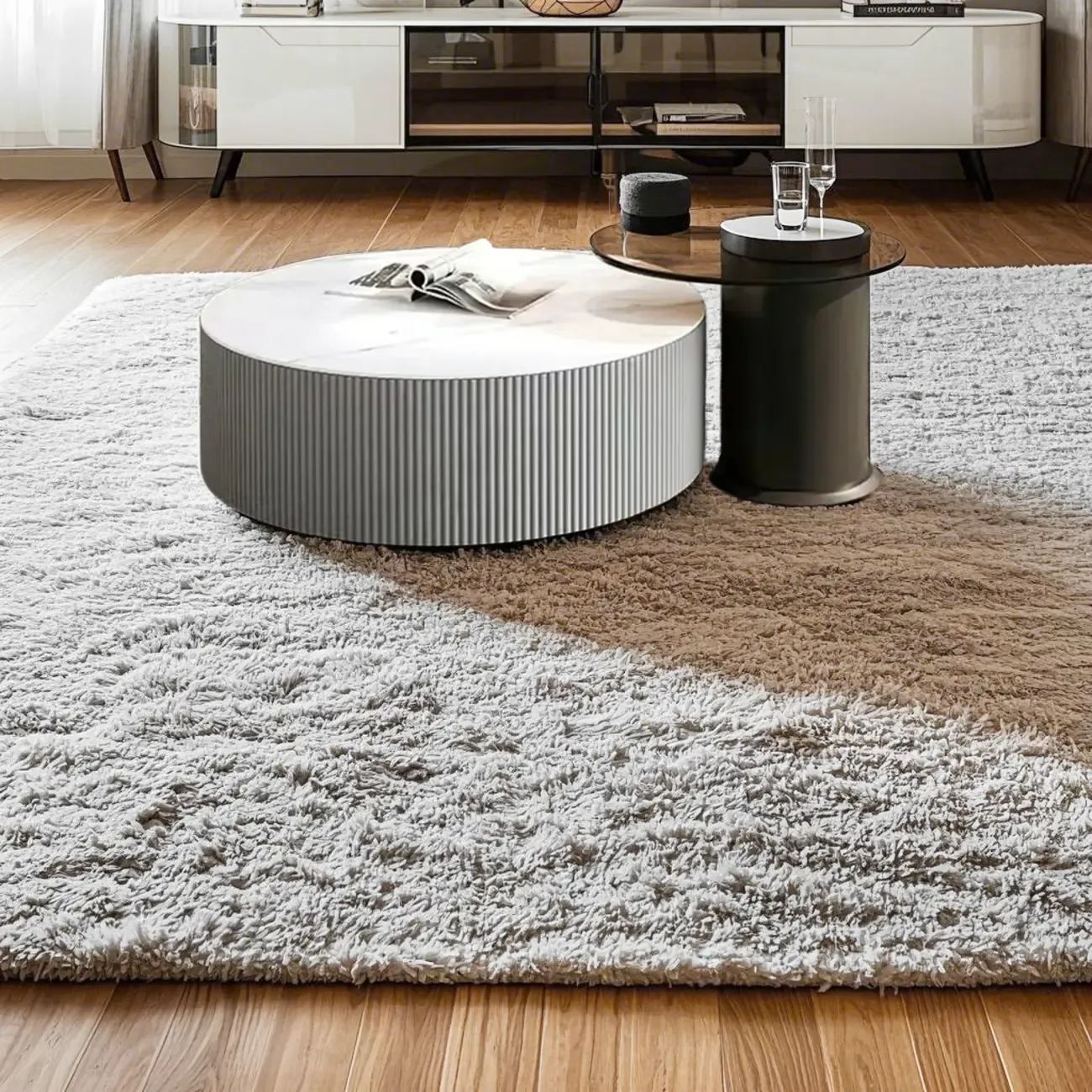 White Drum Round Wood Coffee Table with Storage Image - 6