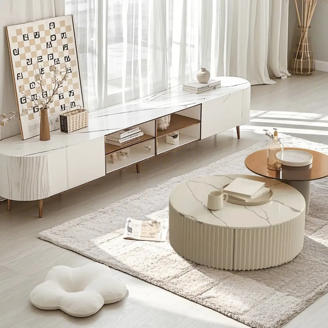 White Drum Round Wood Coffee Table with Storage Image - 5