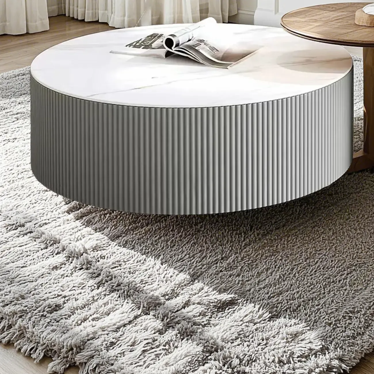 White Drum Round Wood Coffee Table with Storage Image - 7