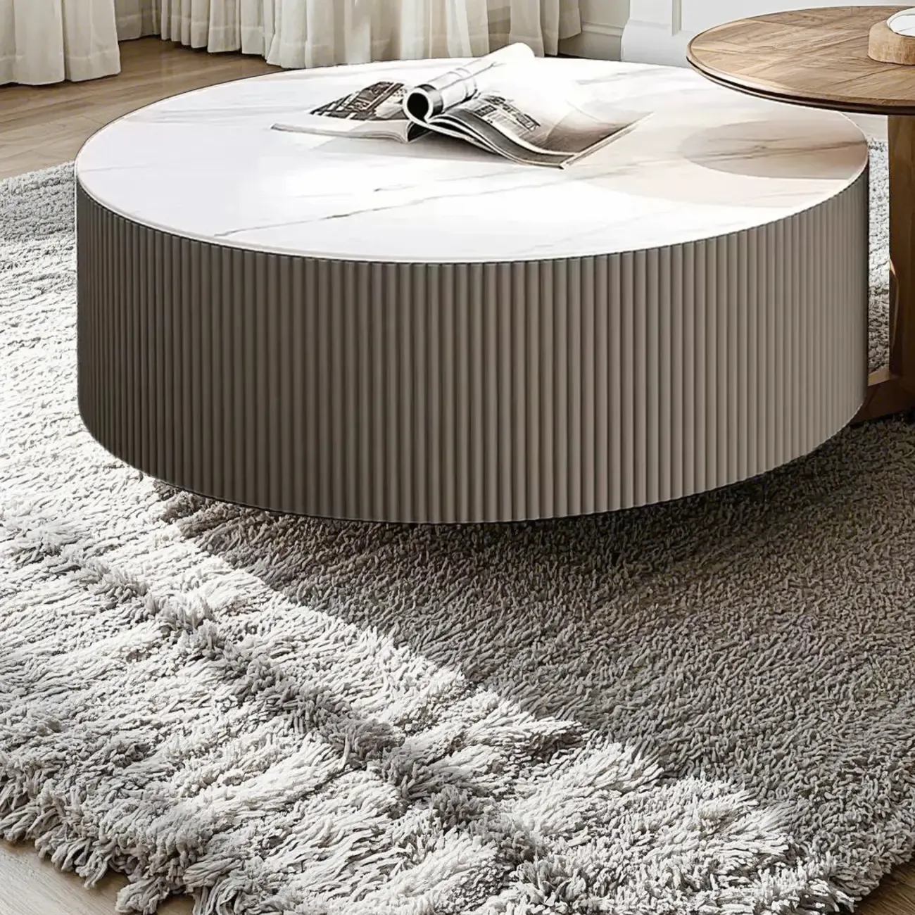White Drum Round Wood Coffee Table with Storage Image - 8