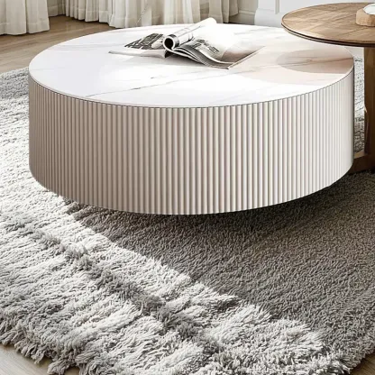 White Drum Round Wood Coffee Table with Storage Image - 10