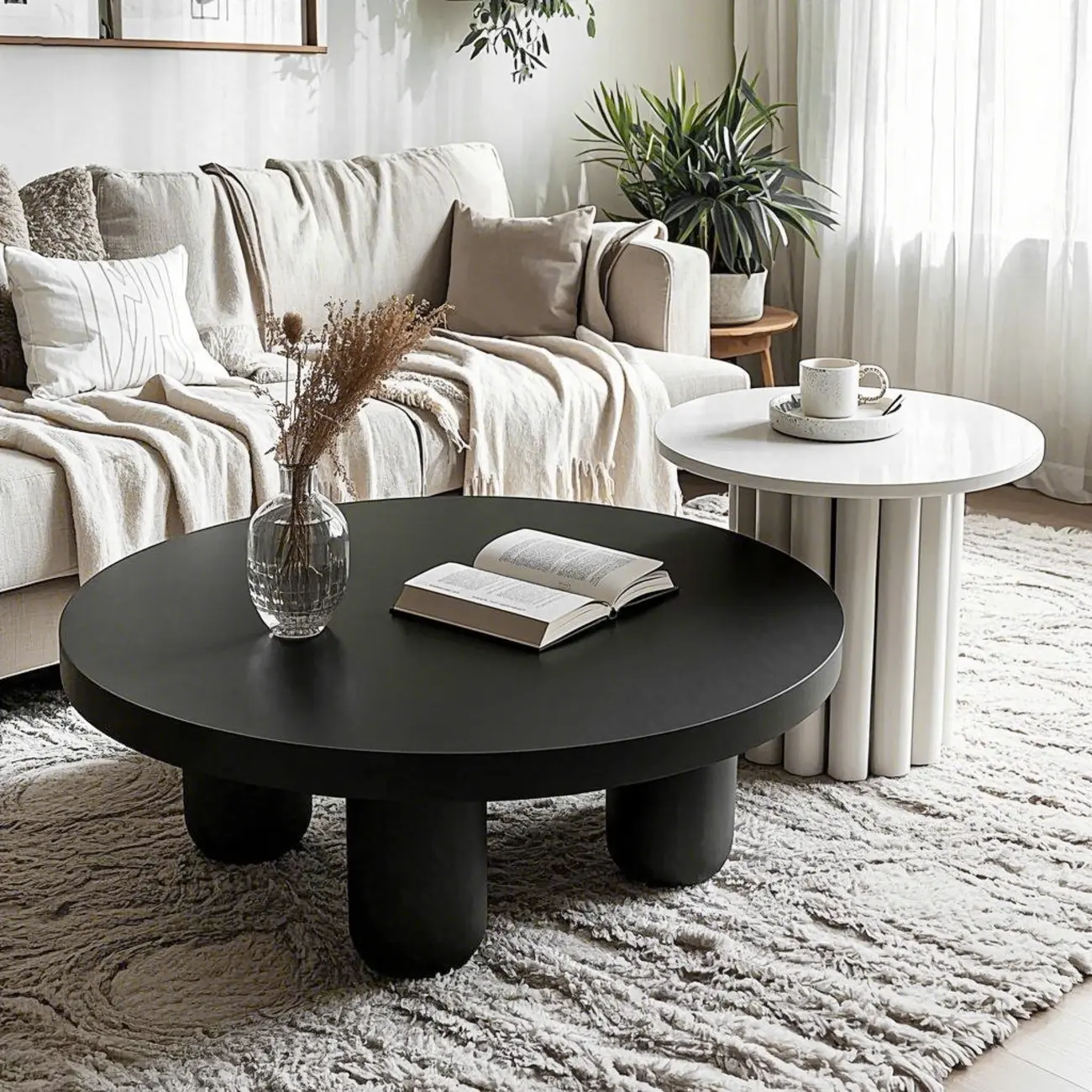 Black and White Minimalist Round Wood Coffee Table Image - 1 | homeyfad