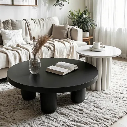 Black and White Minimalist Round Wood Coffee Table Image - 1