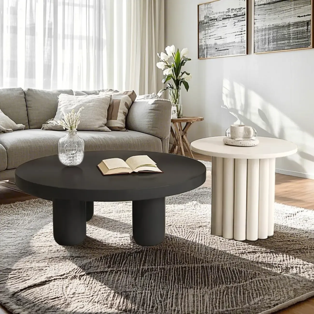 Black and White Minimalist Round Wood Coffee Table Image - 2