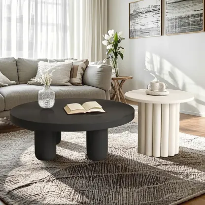 Black and White Minimalist Round Wood Coffee Table Image - 2