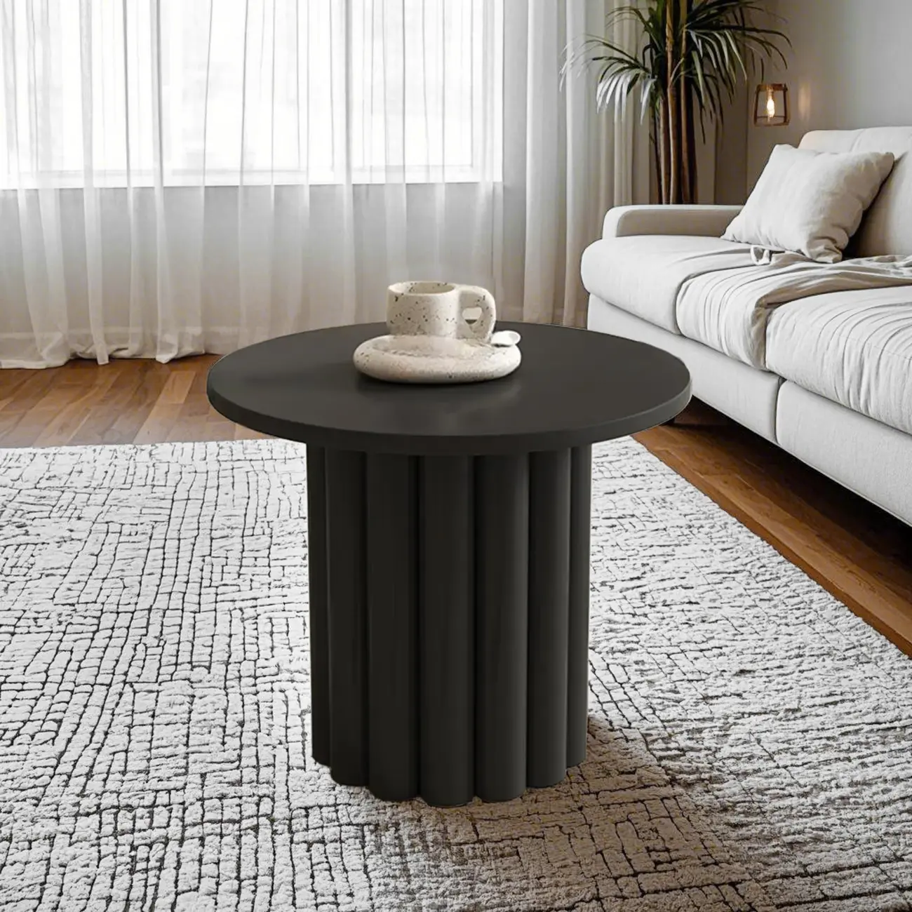 Black and White Minimalist Round Wood Coffee Table Image - 3 | homeyfad