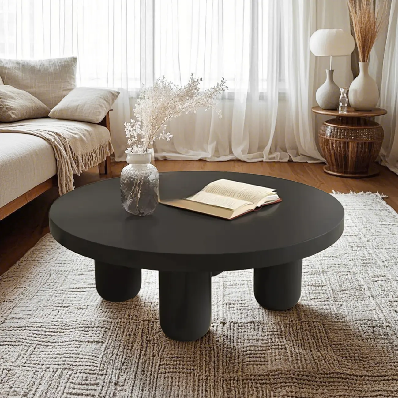 Black and White Minimalist Round Wood Coffee Table Image - 4 | homeyfad