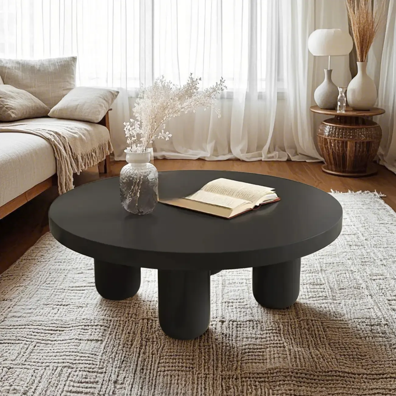 Black and White Minimalist Round Wood Coffee Table Image - 4