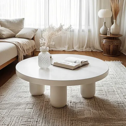 Black and White Minimalist Round Wood Coffee Table Image - 5