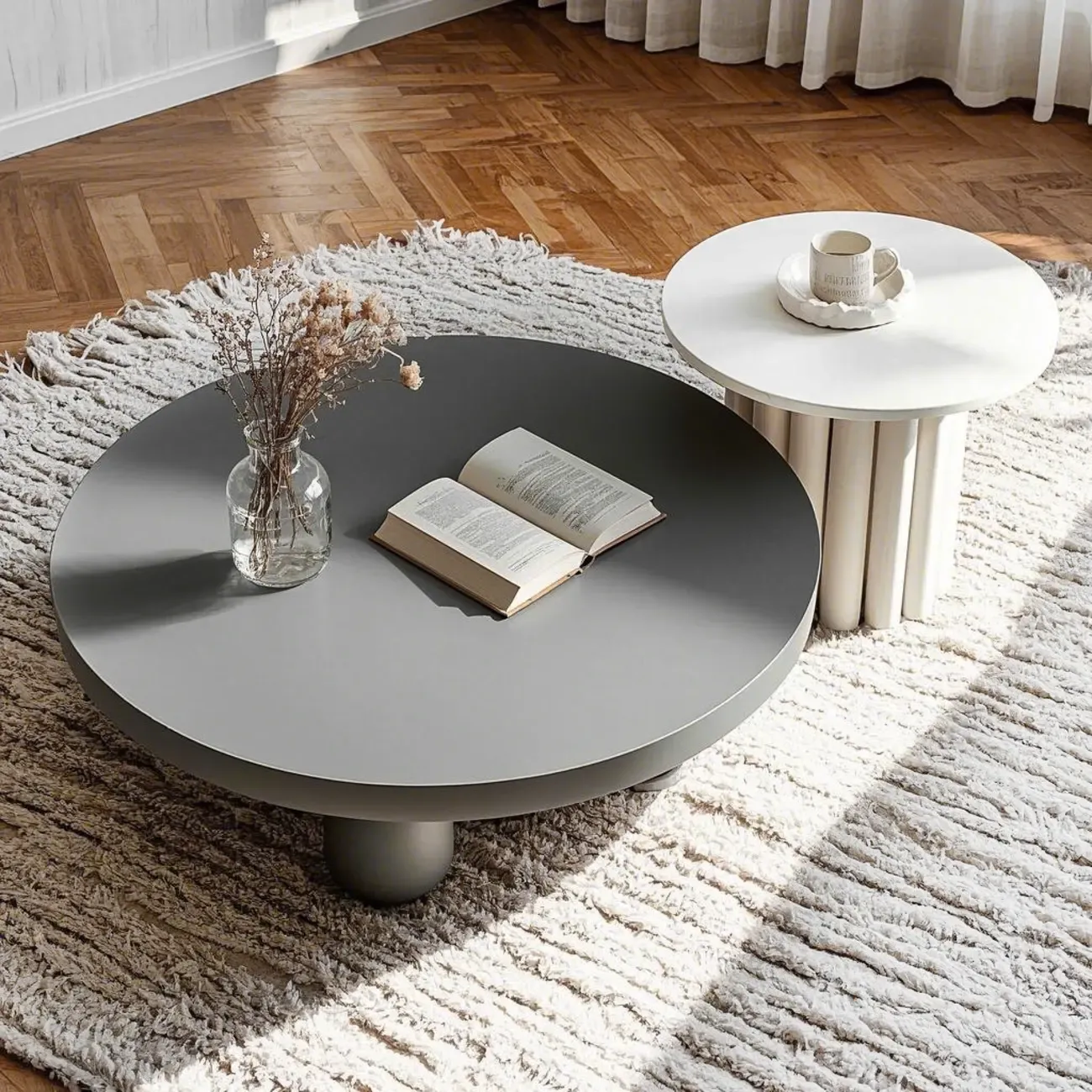 Black and White Minimalist Round Wood Coffee Table Image - 6