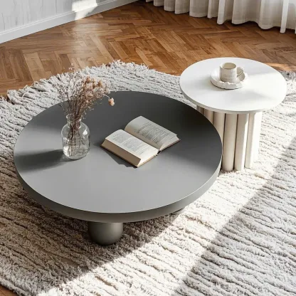 Black and White Minimalist Round Wood Coffee Table Image - 6