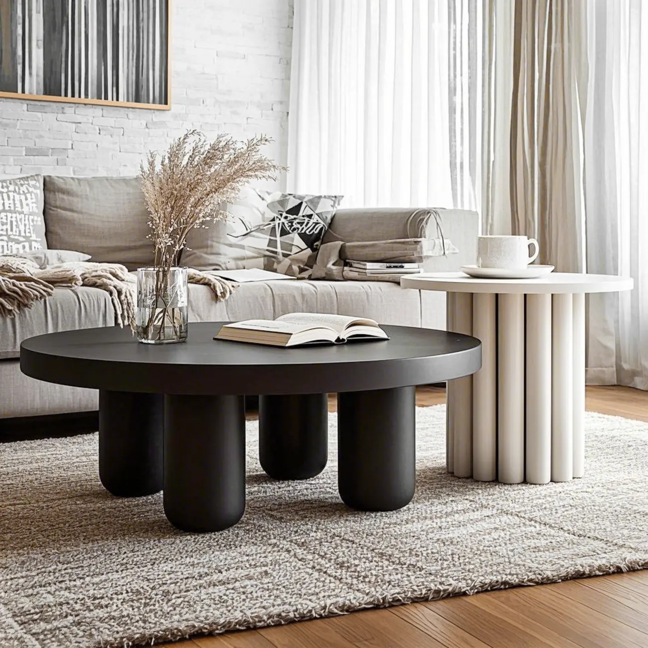 Black and White Minimalist Round Wood Coffee Table Image - 8 | homeyfad
