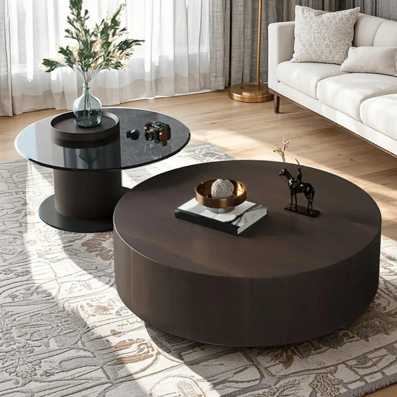 Brown Round Scandinavian Wood Coffee Table with Storage Image - 1
